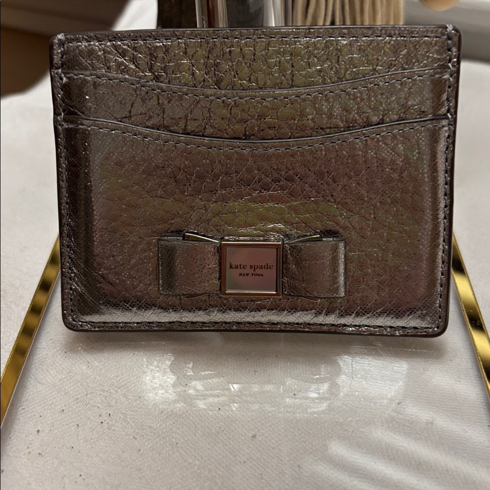 Kate Spade Metallic Silver Card Holder with Bow
